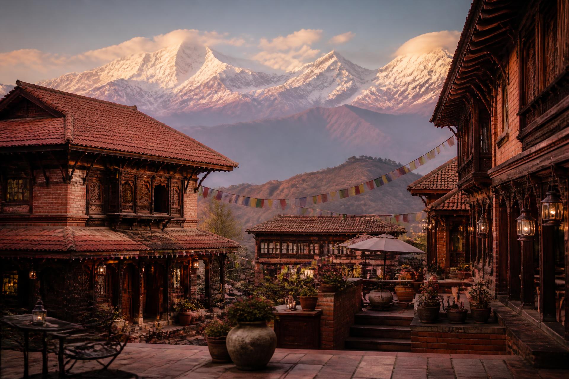A heritage Newari courtyard with the Annapurna range at golden hour